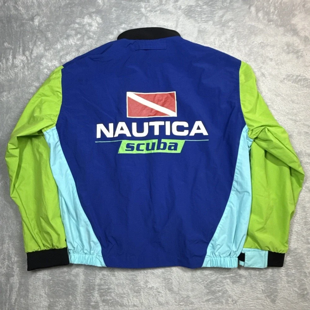 Vintage Nautica Scuba Windbreaker Jacket Men XL Blue Neoprene Collar Cuffs 90s